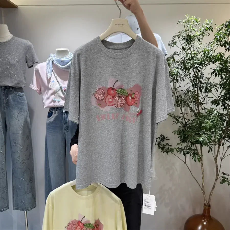 A134 - Heavywork Cherry Tee: 220g Organic Cotton | 3D Hand-Stitched Crystal Beads | Summer 2026 Edition