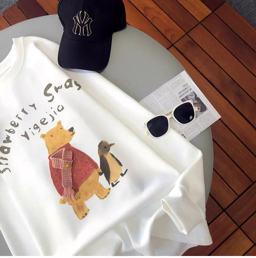 VINESU A13 - Strawberry Swan Bear & Penguin Long Sleeve Tee with 3D Scarf