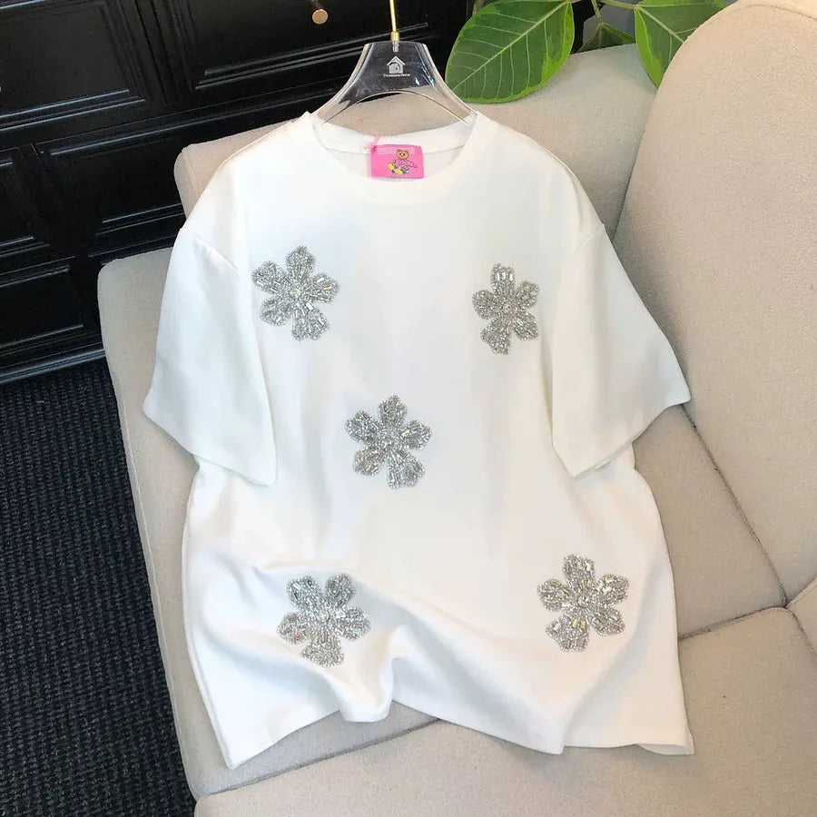 VINESU Sparkly floral embellishment T-shirts 🌸 A delicate trick for basic styles