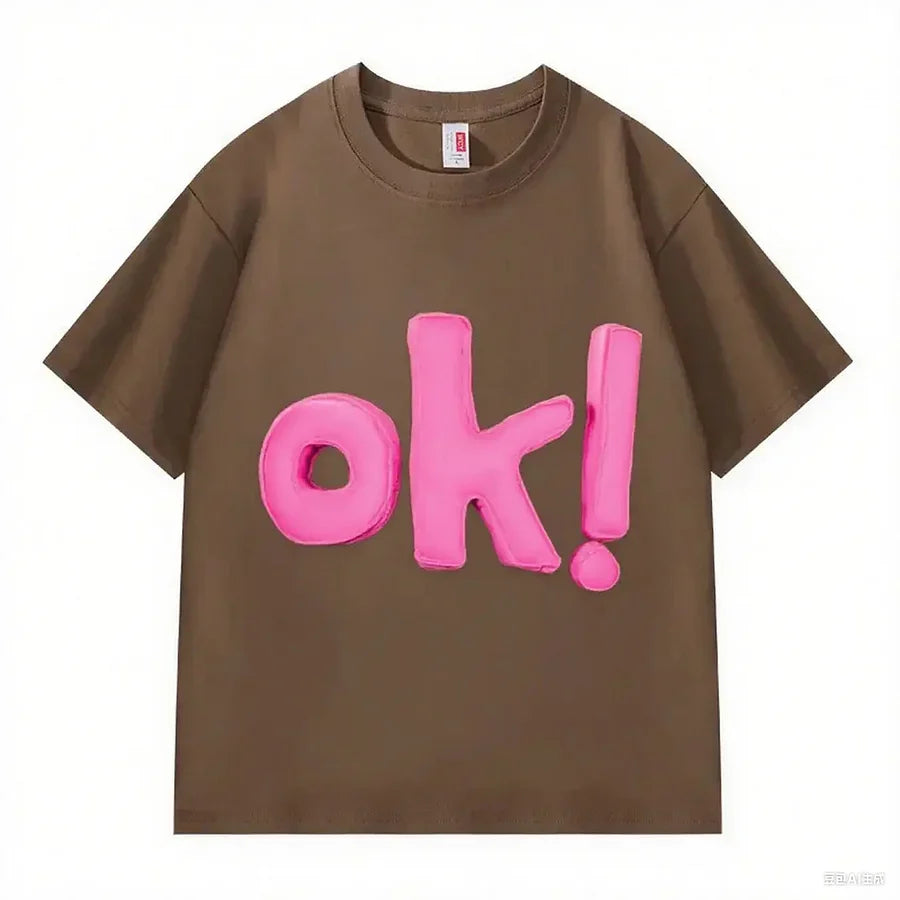 VINESU OK! Letter 3D - Decorated White T-shirts 💗 Unlock Casual Trendy Vibe-Pink