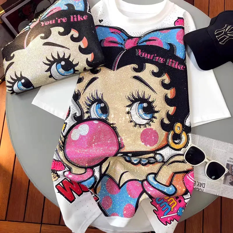 VINESU A01 - Rhinestone Betty Boop Cotton Brushed Oversized T-Shirt