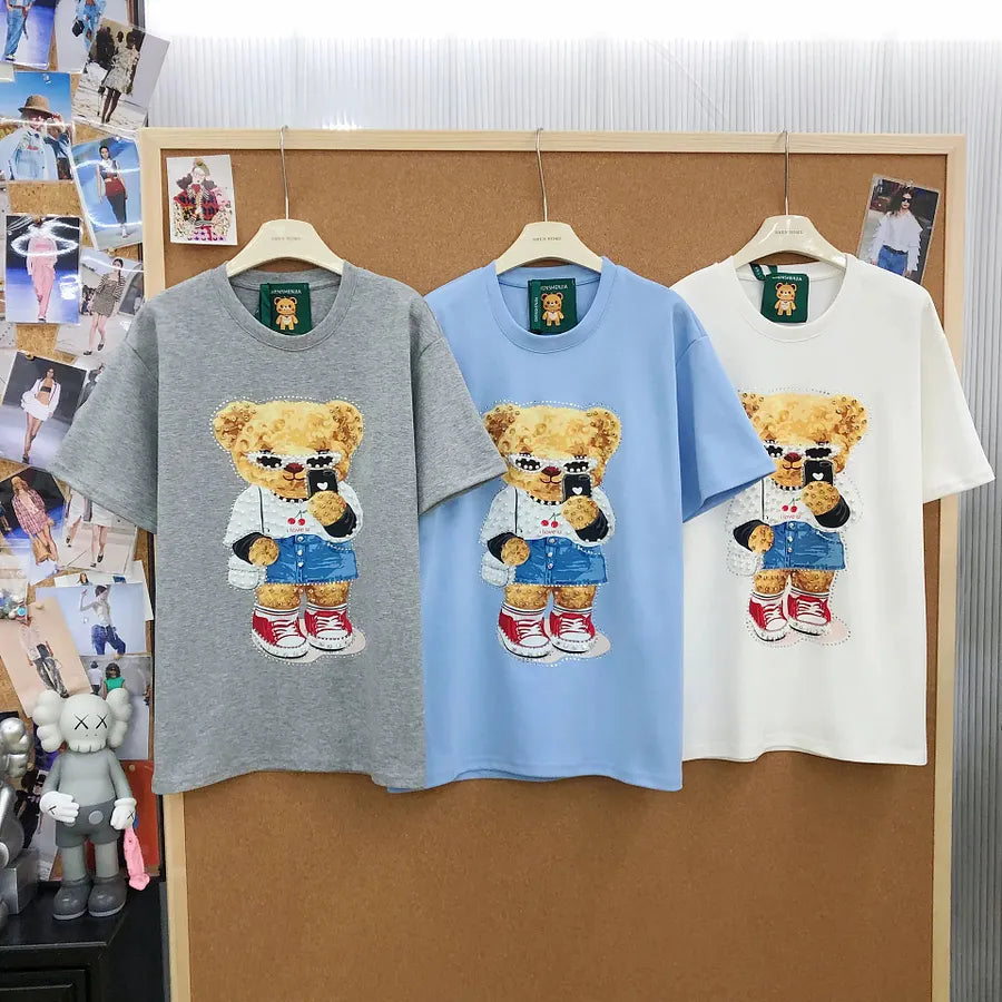 VINESU A18 - Selfie Teddy Bear Print Hand-Beaded Casual T-Shirt
