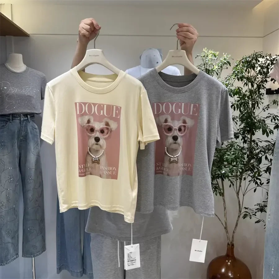 A116 - Premium 220 GSM Cotton Graphic Tee - "DOGUE" Schnauzer with Hand-Stitched Pearls & 3D Crystal Glasses