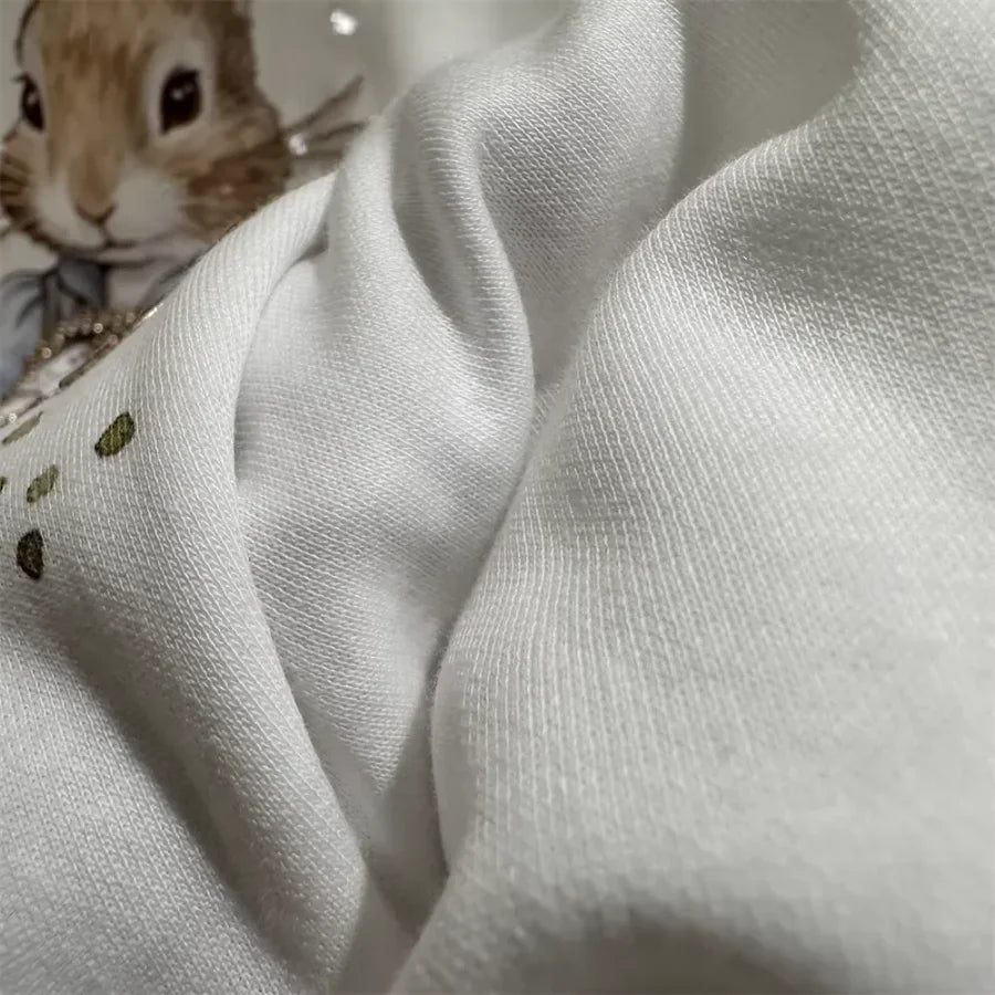 A136 - Oversized Rabbit Embroidery Tee - 220g Premium Cotton with Silver Bead Accents