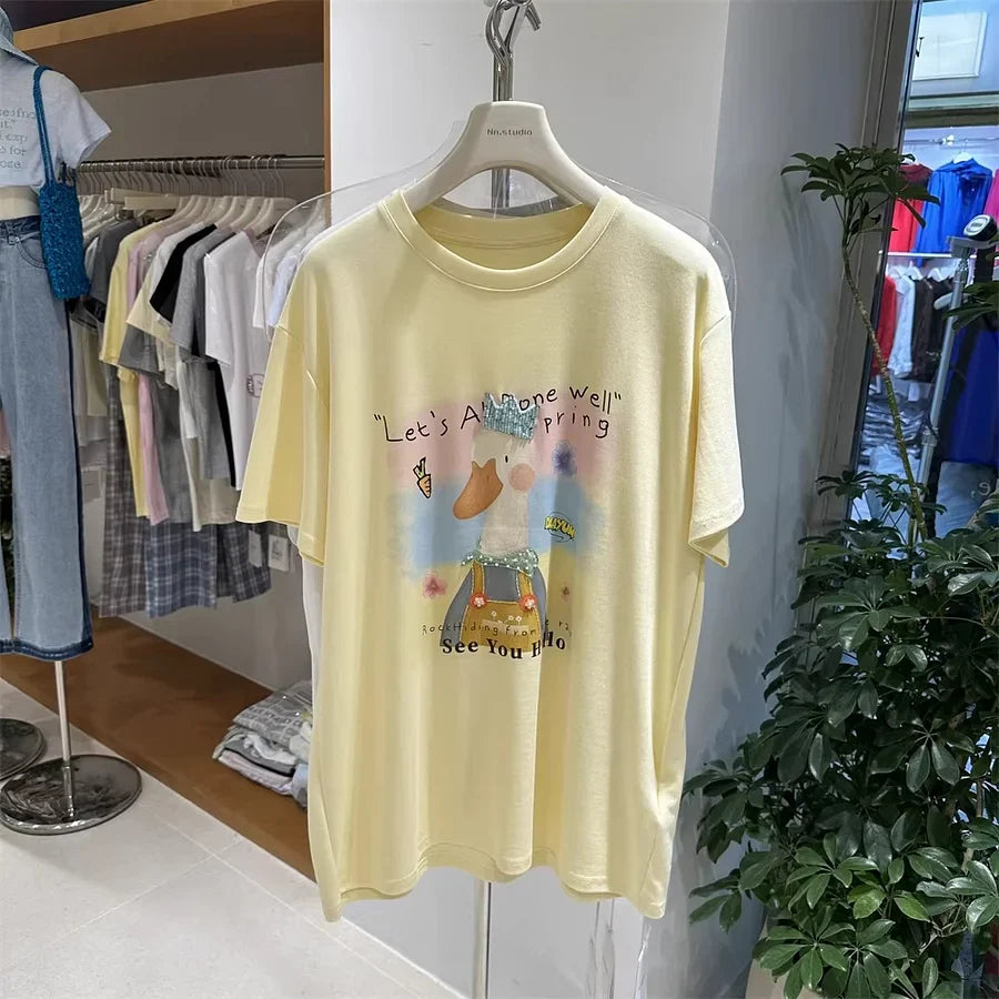 A128 - Premium 220g Cotton Graphic Tee – Cute "See You Hello" Duck with 3D Beaded Crown & Embroidery – Oversized Casual Streetwear