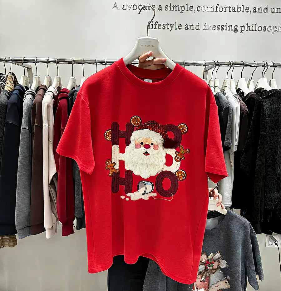 VINESU Hand-Embedded Diamond Cotton Christmas T-Shirt - Creative "HO HO" Santa Print Tee