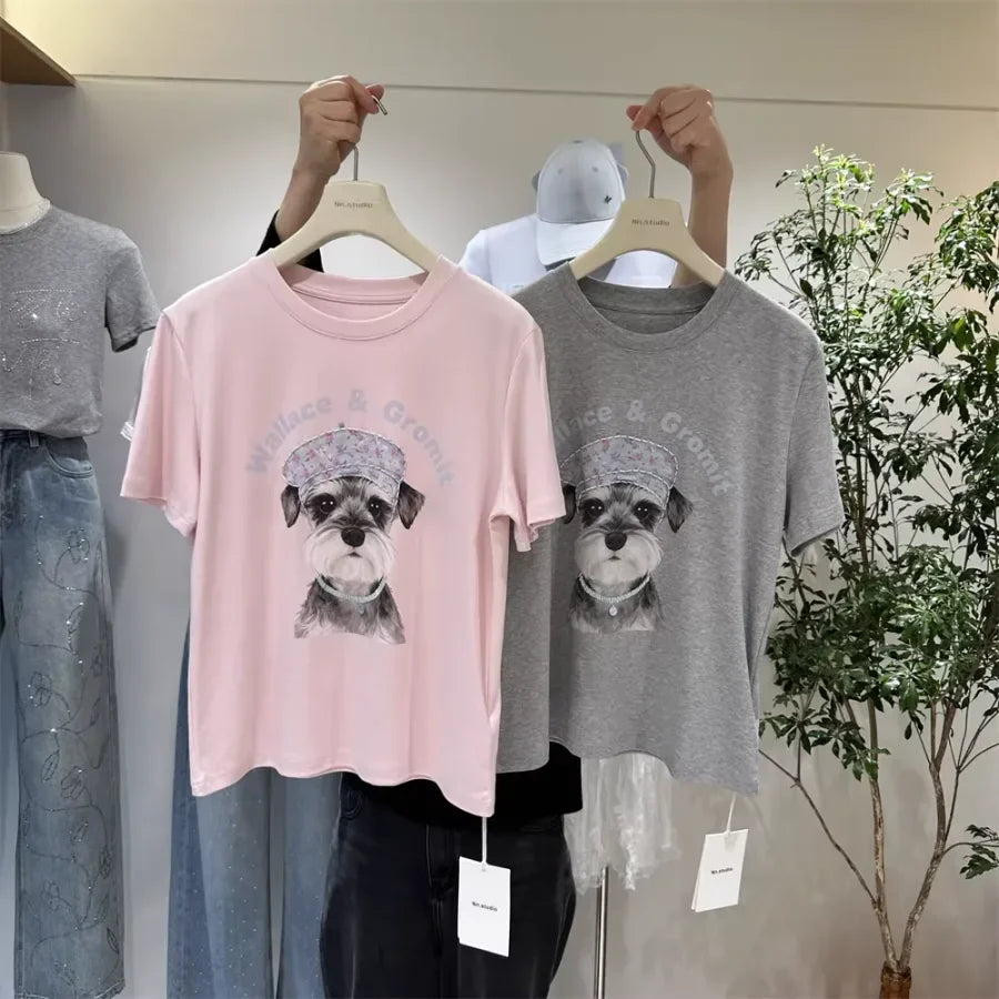 A124 - Wallace & Gromit Schnauzer Graphic T-Shirt - Floral Beret Dog Print Tee with Beaded Embroidery - Y2K Aesthetic Cotton Top