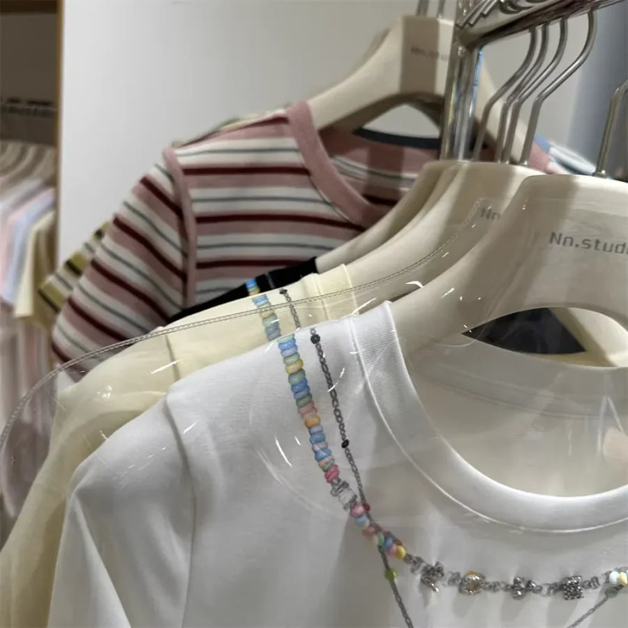 A126 - 220g Heavyweight Cotton T-Shirt with Pre-Layered Beaded Necklace Design - Brilliant Summer Collection Boutique Tee (Available in 4 Colors)
