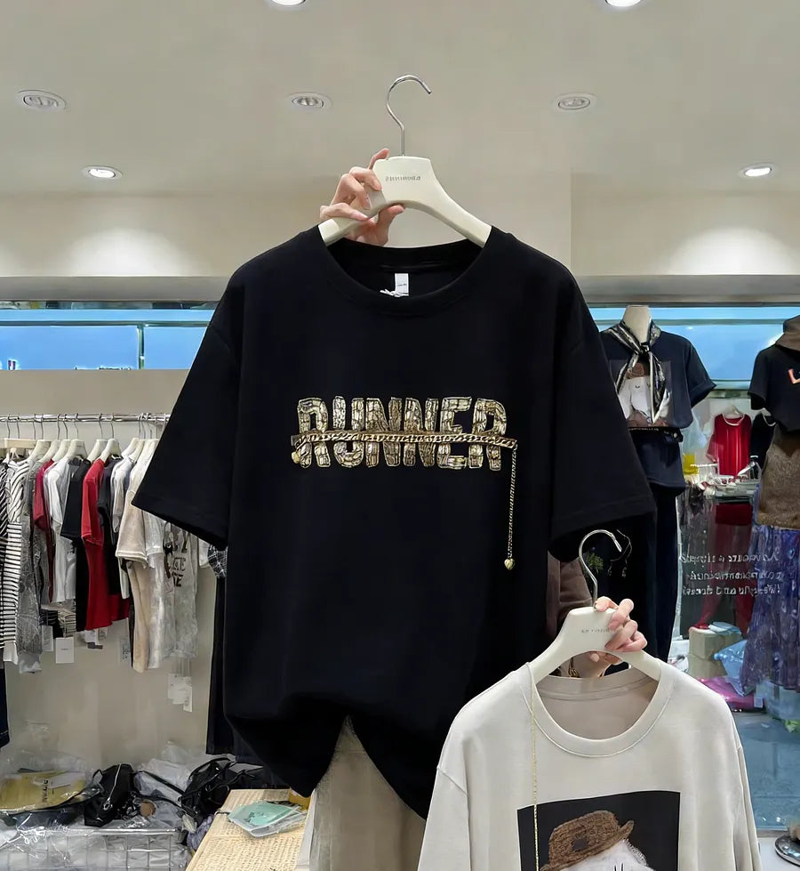 VINESU A27 - Artisanal Rhinestone Letter T-Shirt with Metal Chain Detail