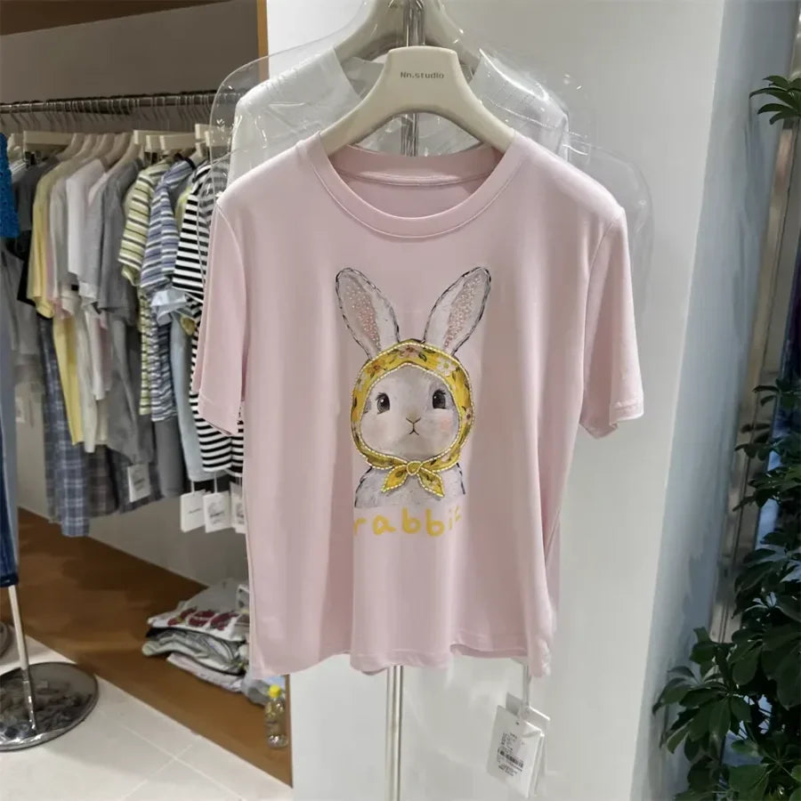 A122 -220g Cotton Tee with Hand-Beaded Bunny & Floral Hood Motif