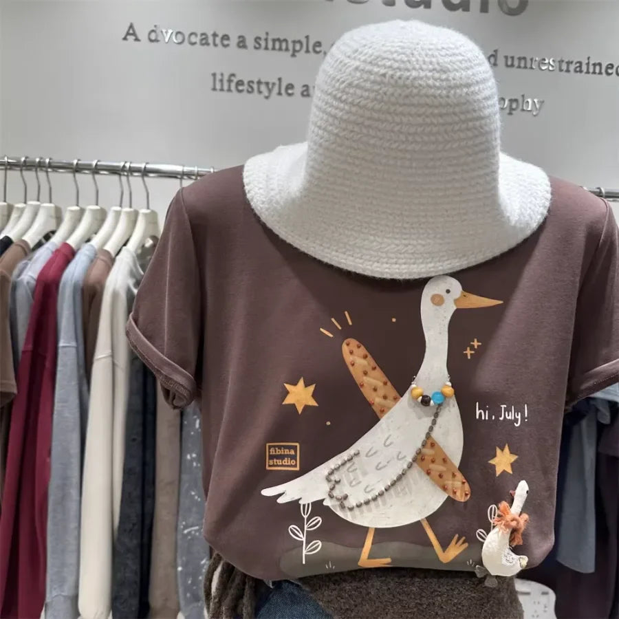 A106 - "Hi, July!" Artistic Goose Graphic T-Shirt - 220g Ultra-Heavyweight Cotton Tee with 3D Beaded Necklace & Patchwork Details
