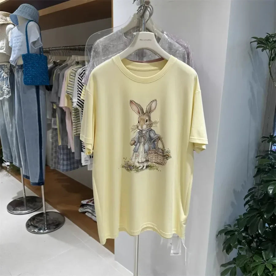 A136 - Oversized Rabbit Embroidery Tee - 220g Premium Cotton with Silver Bead Accents