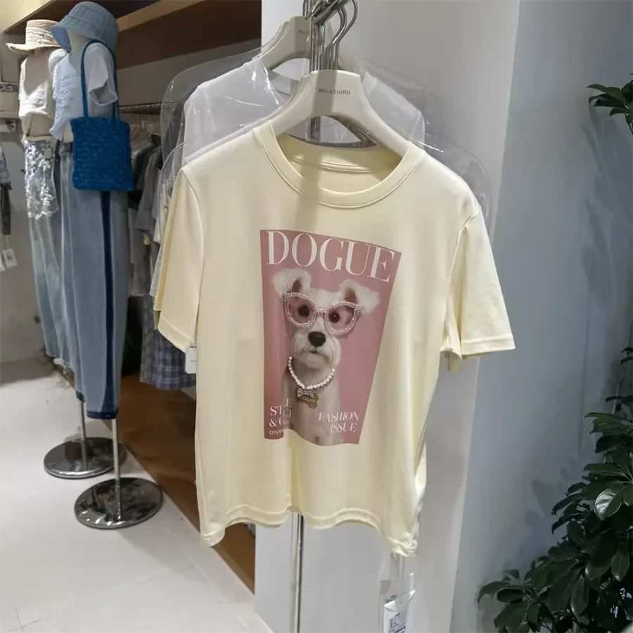 A116 - Premium 220 GSM Cotton Graphic Tee - "DOGUE" Schnauzer with Hand-Stitched Pearls & 3D Crystal Glasses