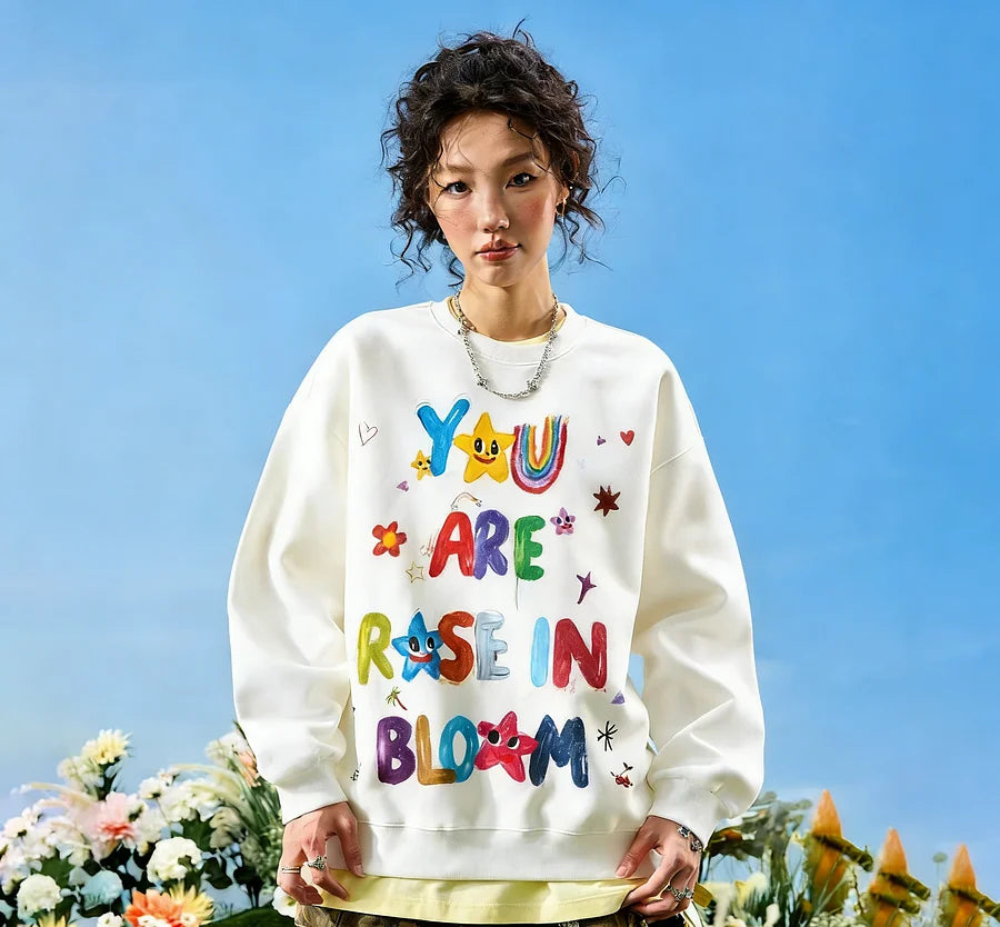 VINESU A36 - Oversized Hand-painted "You Are A Rose In Bloom" Graphic Sweatshirt, Colorful Y2K Aesthetic Pullover