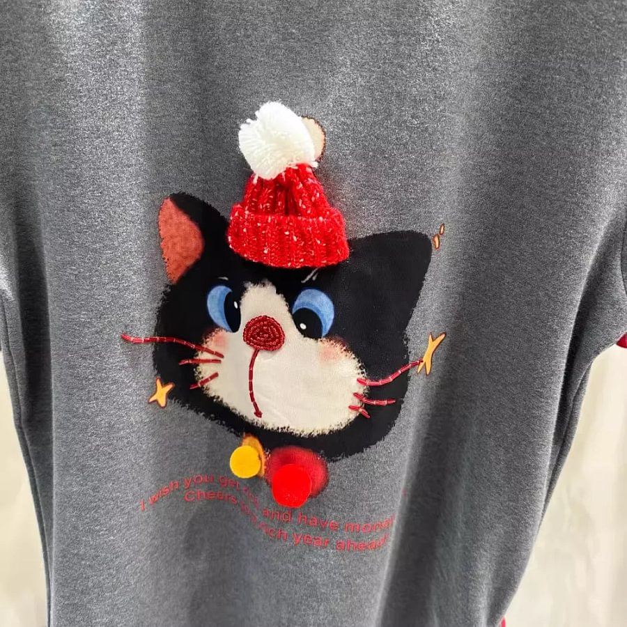 VINESU A48 Oversized 3D Christmas Cat Graphic Tee | Blessing Coquette Top