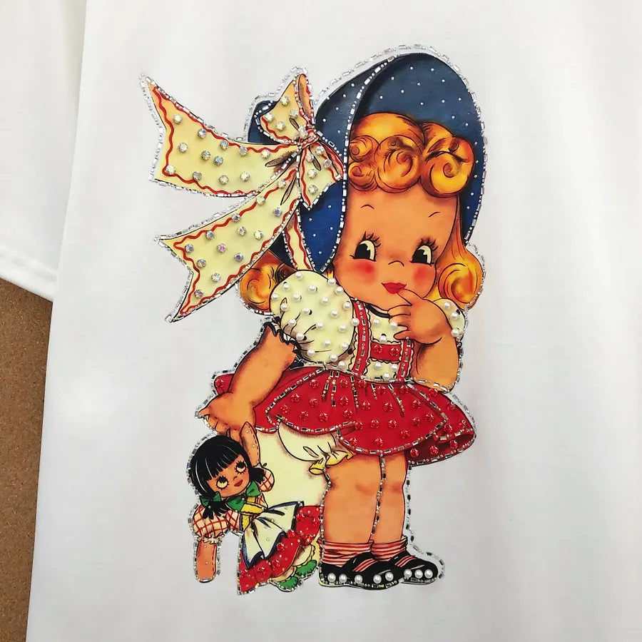 VINESU A19 - Vintage Girl & Doll Pearl & Rhinestone Embellished Cotton T-Shirt