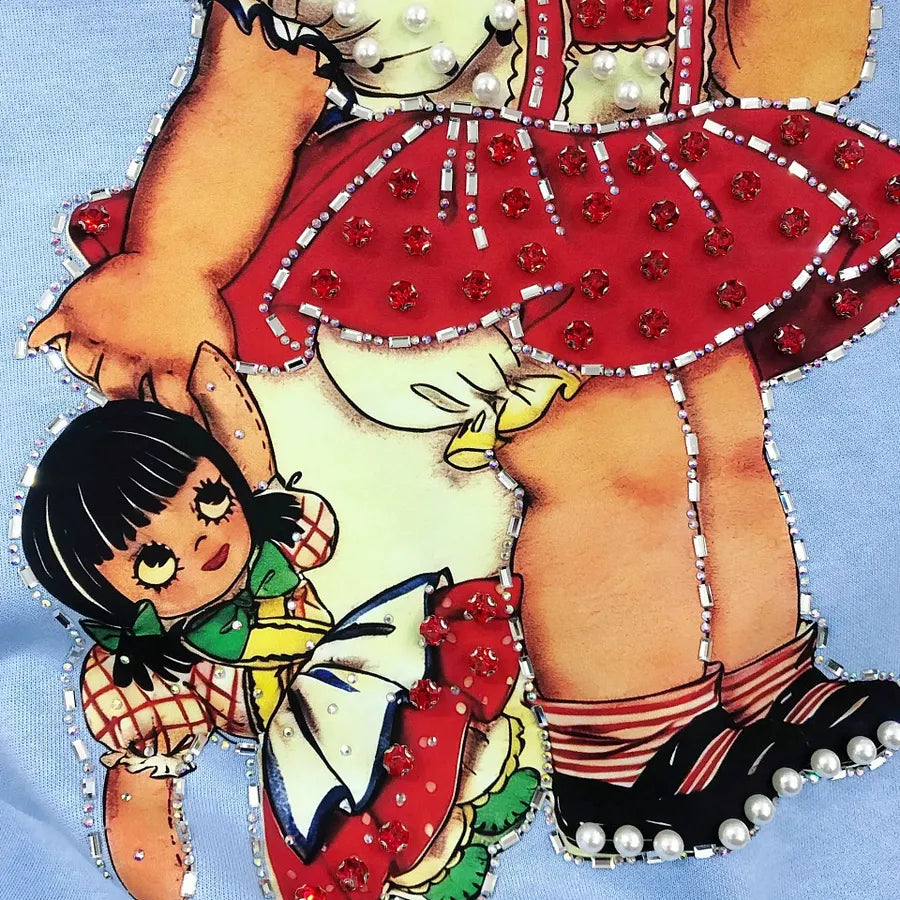 VINESU A19 - Vintage Girl & Doll Pearl & Rhinestone Embellished Cotton T-Shirt