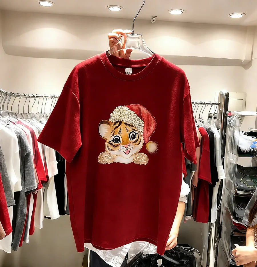 VINESU A03 - Christmas Tiger Pearl & Crystal Embellished 220g Cotton Oversized Tee