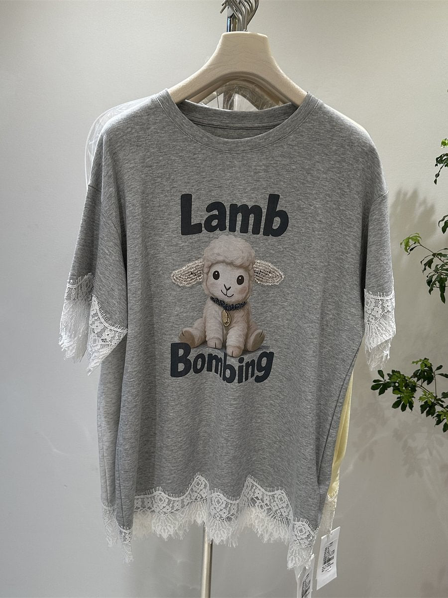 A171 - Artisanal Lace & Rhinestone Lamb Tee: 220g Breathable Premium Cotton