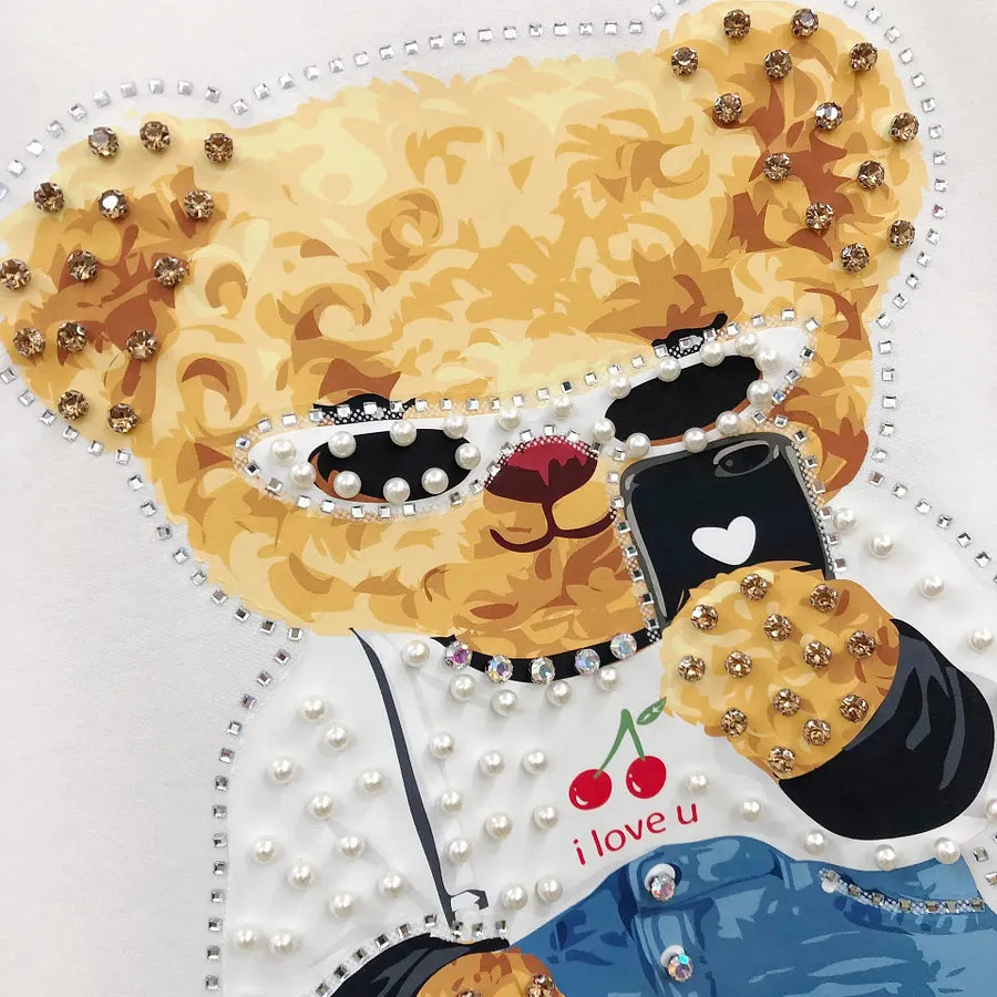 VINESU A18 - Selfie Teddy Bear Print Hand-Beaded Casual T-Shirt