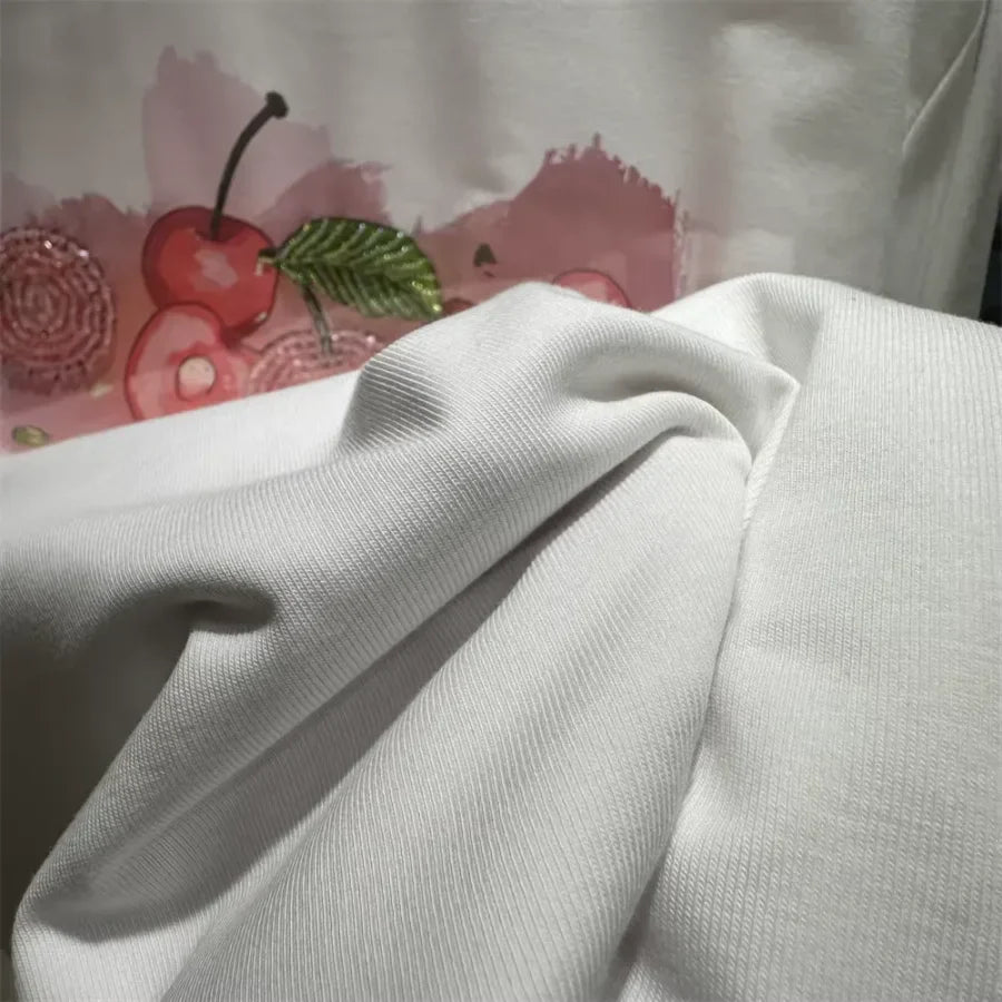A134 - Heavywork Cherry Tee: 220g Organic Cotton | 3D Hand-Stitched Crystal Beads | Summer 2026 Edition