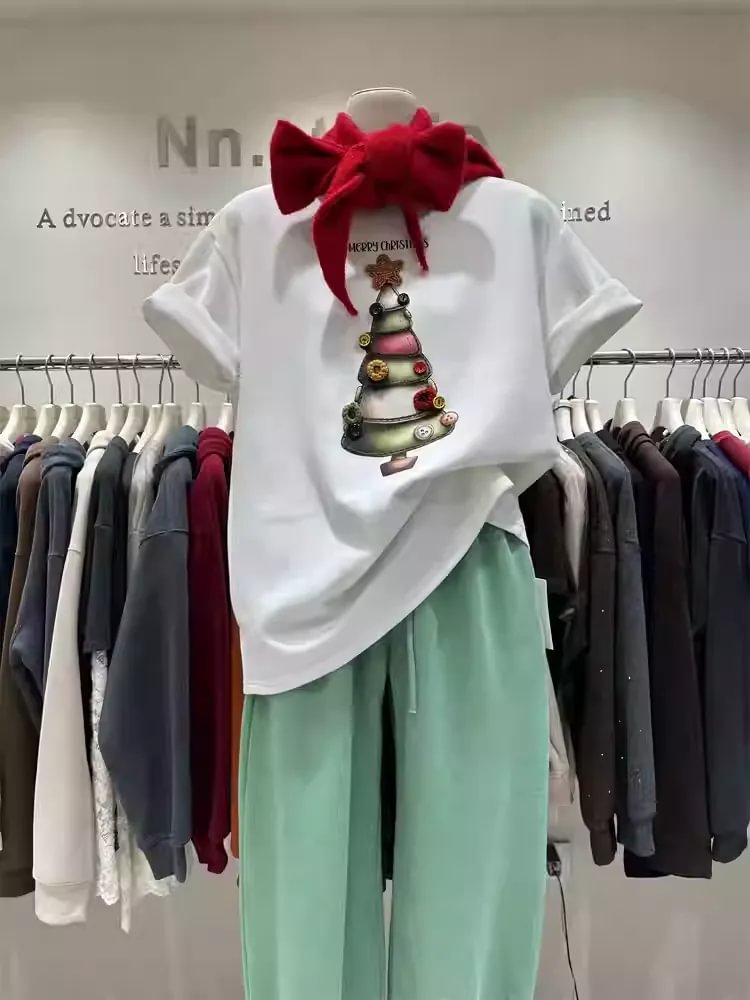 VINESU 🌲Heavy-Duty 3D Christmas Tree Embellished 220g 100% Cotton Tee