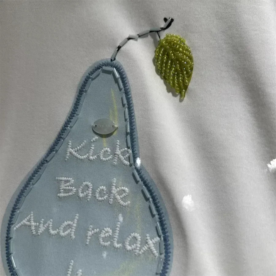 A118 - Premium 220 GSM Heavyweight Cotton Tee - Pear Graphic with Handmade Beaded Leaf & 3D Patch Embroidery