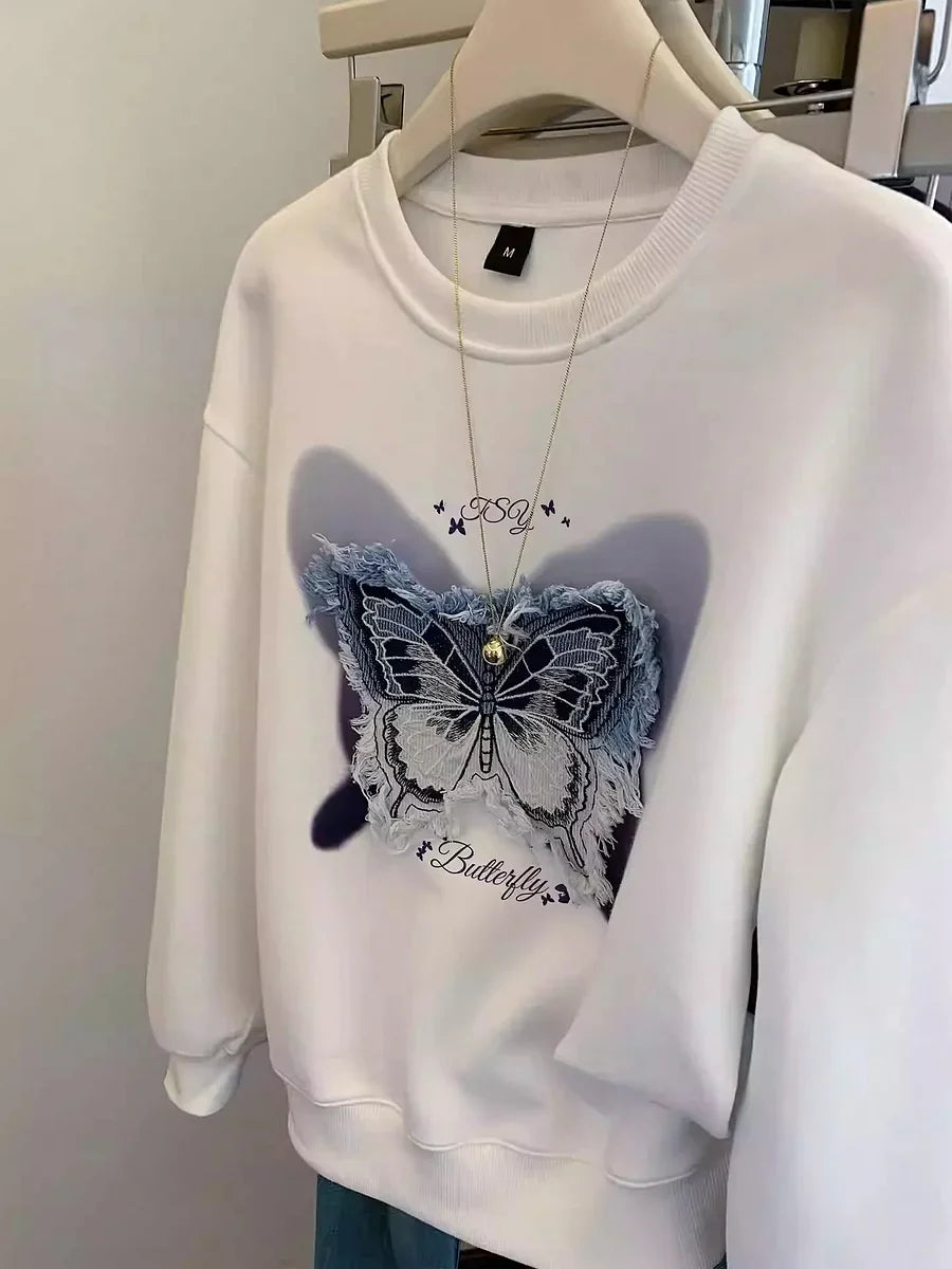 VINESU Casual Streetwear: White Sweatshirt  Denim Butterfly Patch