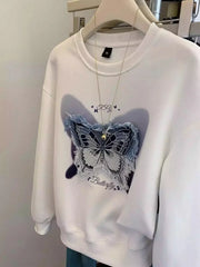 VINESU Casual Streetwear: White Sweatshirt  Denim Butterfly Patch