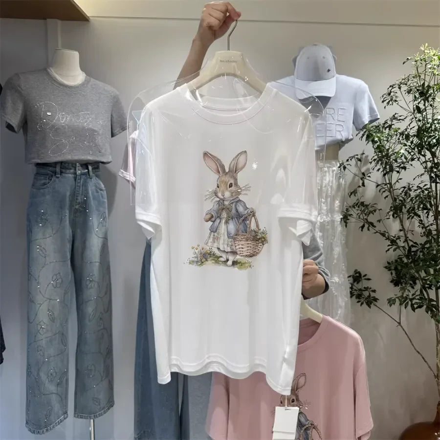 A136 - Oversized Rabbit Embroidery Tee - 220g Premium Cotton with Silver Bead Accents