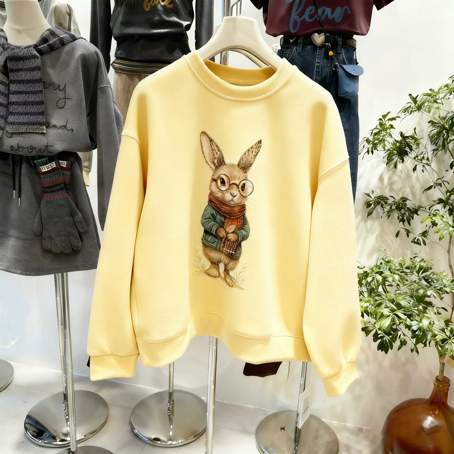 VINESU Heavy-Duty Glasses Bunny Crewneck Sweatshirt - Trendy Casual Style