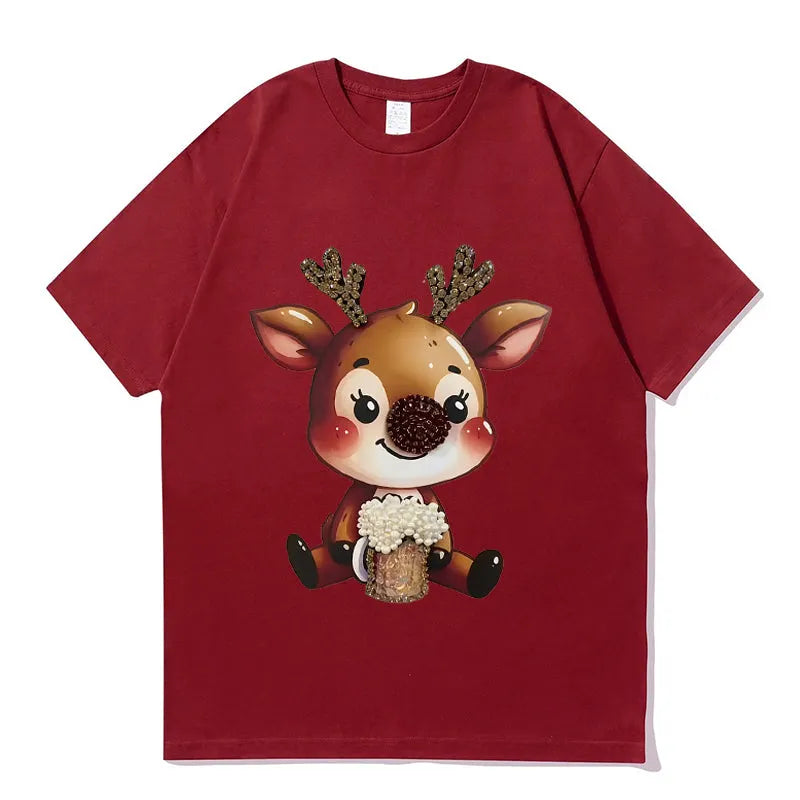 VINESU Y451 - 3D Beaded Reindeer Vintage Washed Short Sleeve Tee