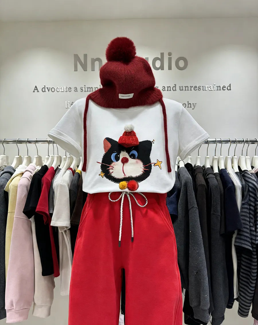 VINESU A48 Oversized 3D Christmas Cat Graphic Tee | Blessing Coquette Top