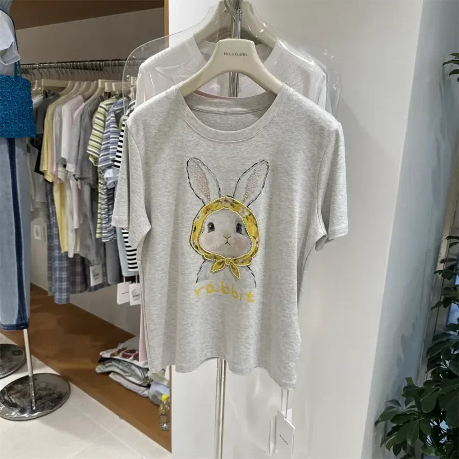 A122 -220g Cotton Tee with Hand-Beaded Bunny & Floral Hood Motif