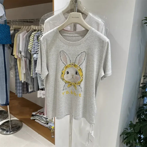 A122 -220g Cotton Tee with Hand-Beaded Bunny & Floral Hood Motif