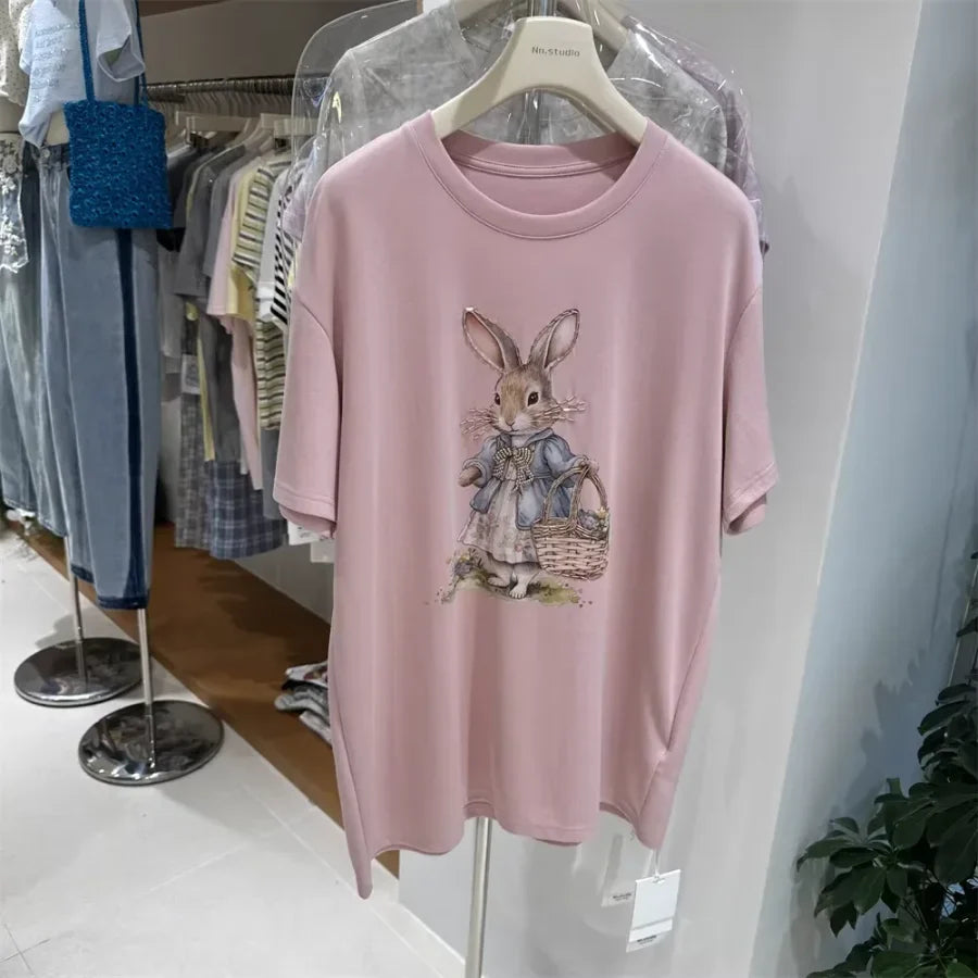 A136 - Oversized Rabbit Embroidery Tee - 220g Premium Cotton with Silver Bead Accents