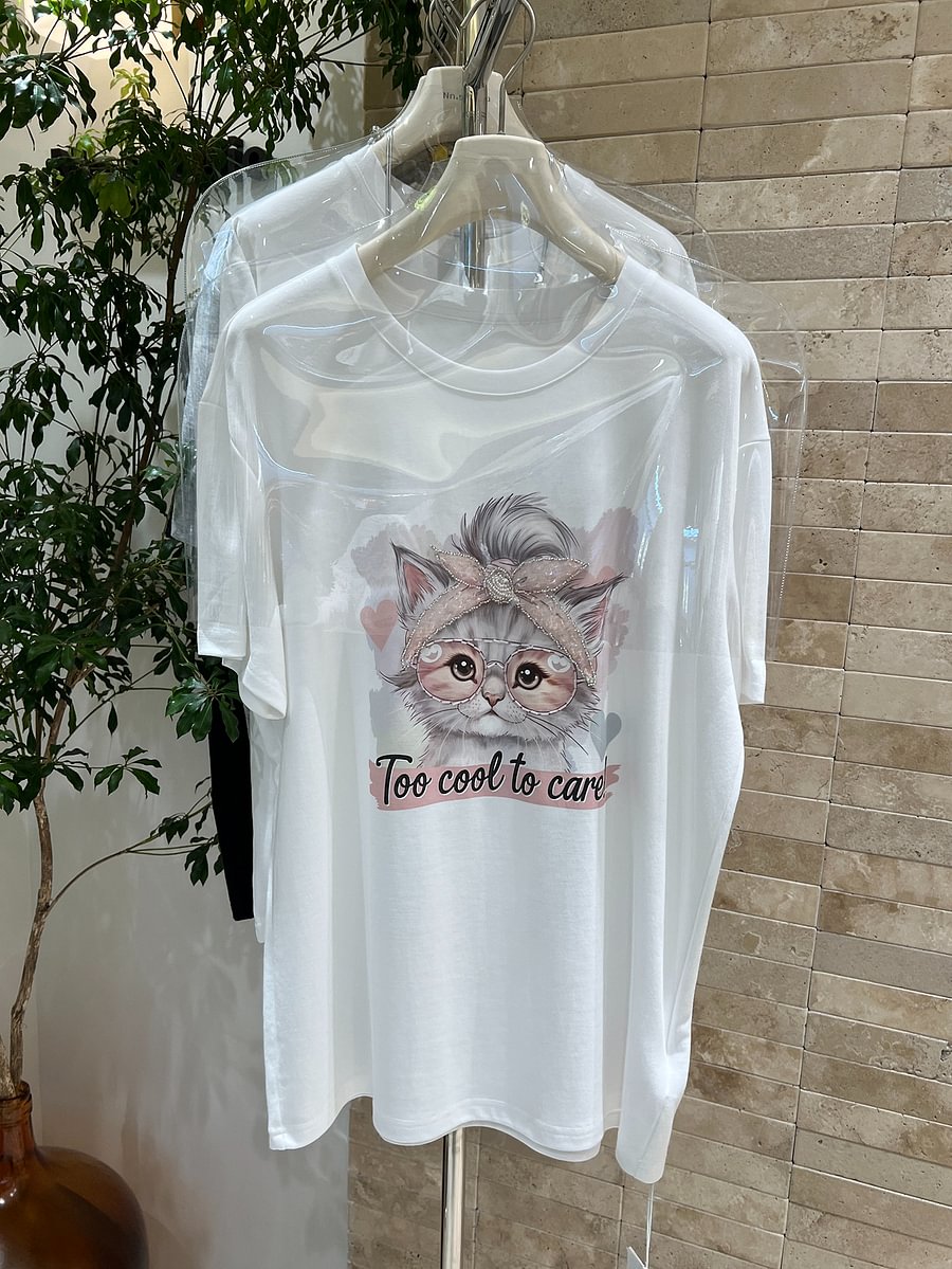 A183 - Cool Cat Graphic Tee - Hand-Embroidered Crystal Beaded Detail - 220g Premium Heavyweight Cotton