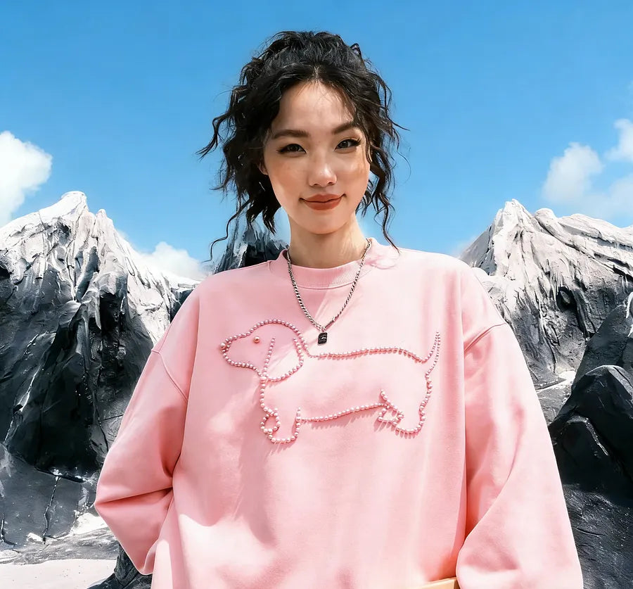 VINESU A35 - Oversized Pearl-Embellished Dachshund Graphic Sweatshirt, Couple’s Matching