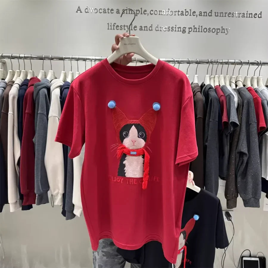 A103 - Oversized Graphic T-Shirt - Cute 3D Cat Print with Real Scarf & Pom-Pom Accents, 220g Premium Cotton Breathable Loose Tee