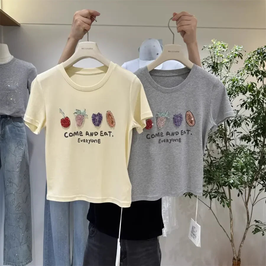 A121 - Luxury Fruit Embroidery Beaded T-Shirt - 100% Heavy Cotton