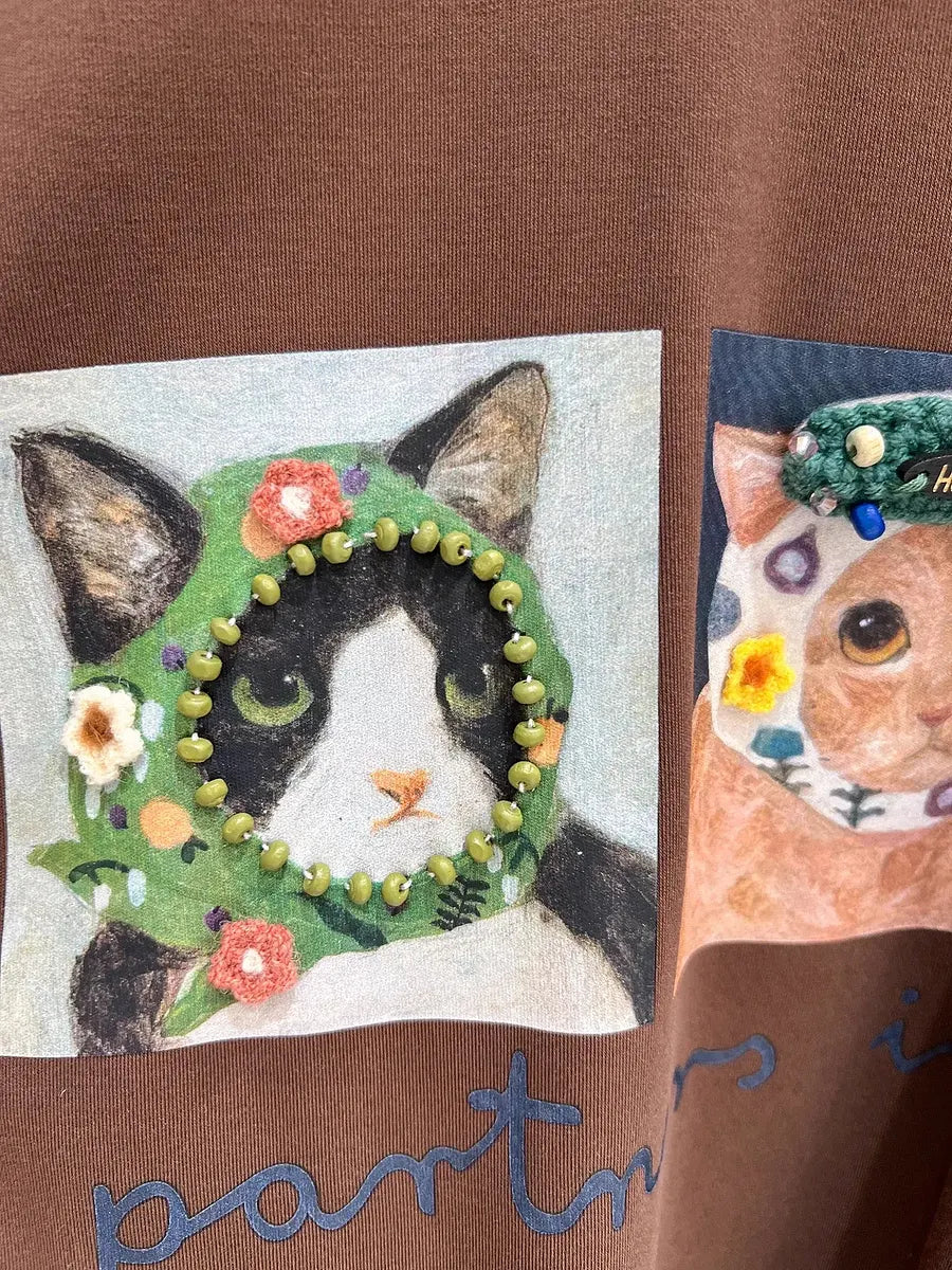 VINESU Style On Point🐈 Cat Illustration Tee—3D Accents Tell Stories