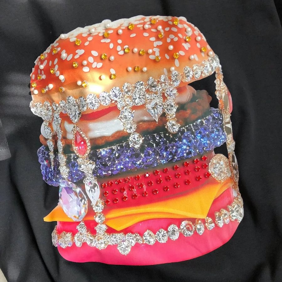 VINESU Pink Edgy-Cute Tee with Heavy Rhinestone Burger Print