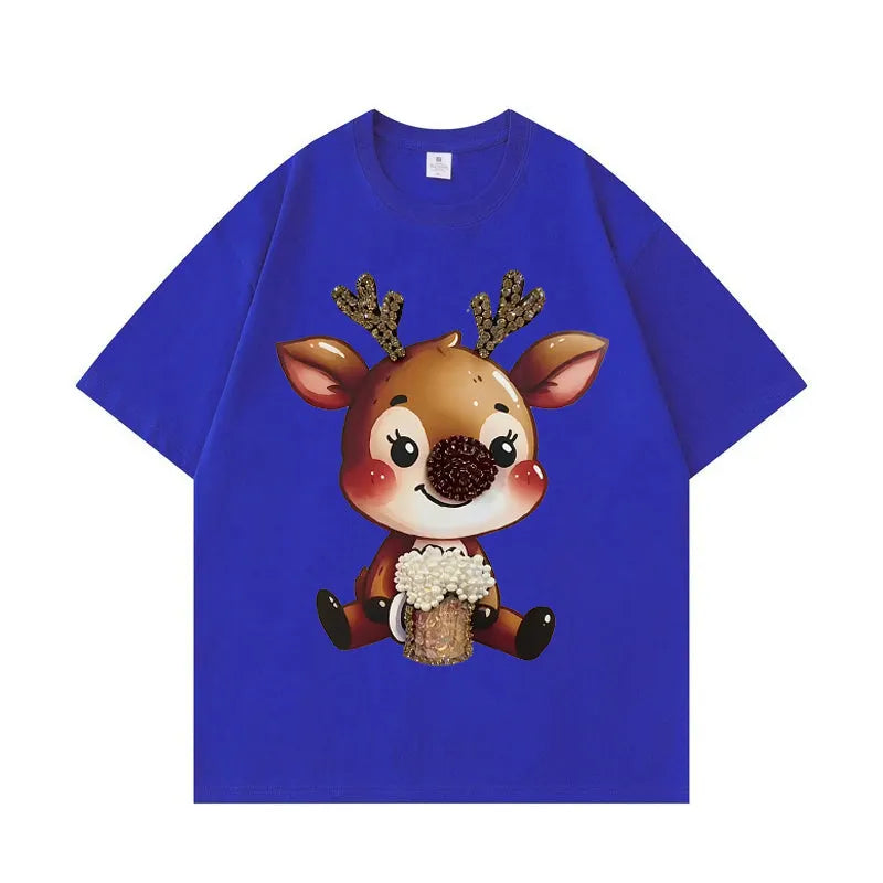 VINESU Y451 - 3D Beaded Reindeer Vintage Washed Short Sleeve Tee