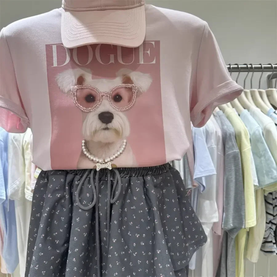 A116 - Premium 220 GSM Cotton Graphic Tee - "DOGUE" Schnauzer with Hand-Stitched Pearls & 3D Crystal Glasses