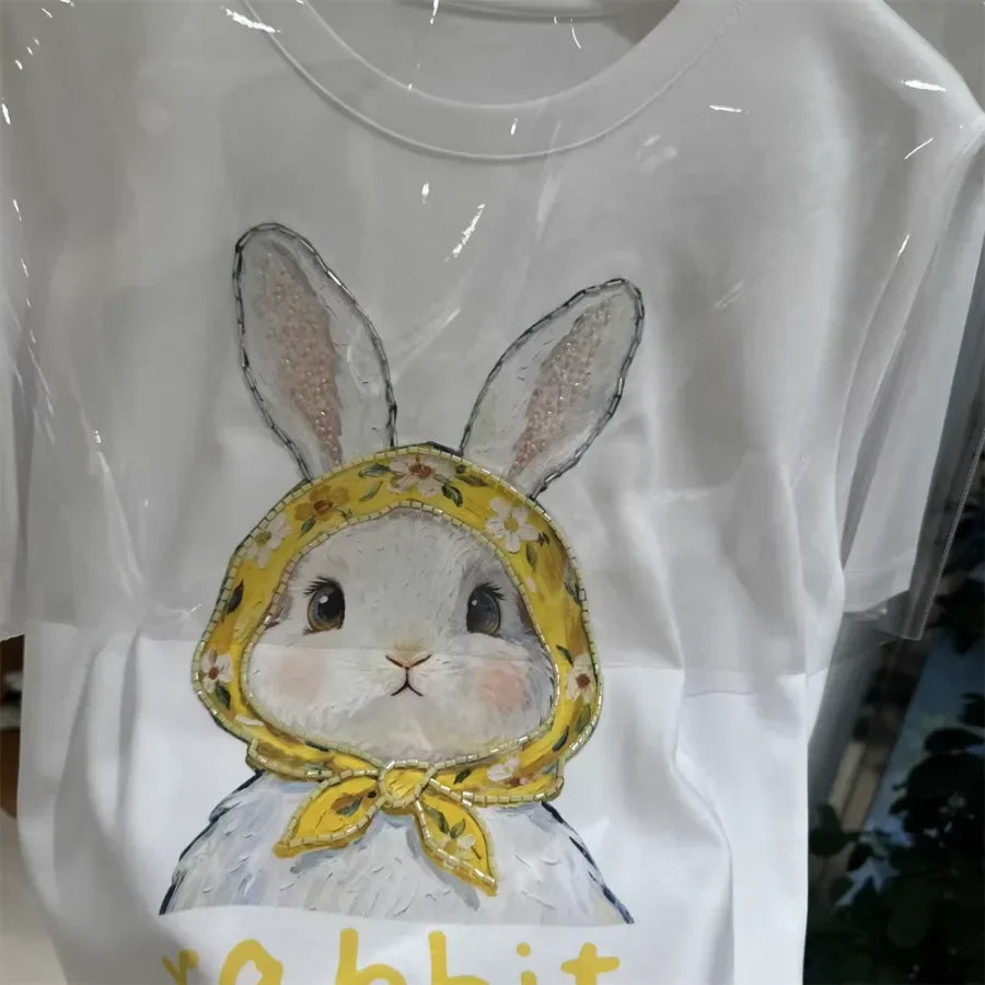A122 -220g Cotton Tee with Hand-Beaded Bunny & Floral Hood Motif