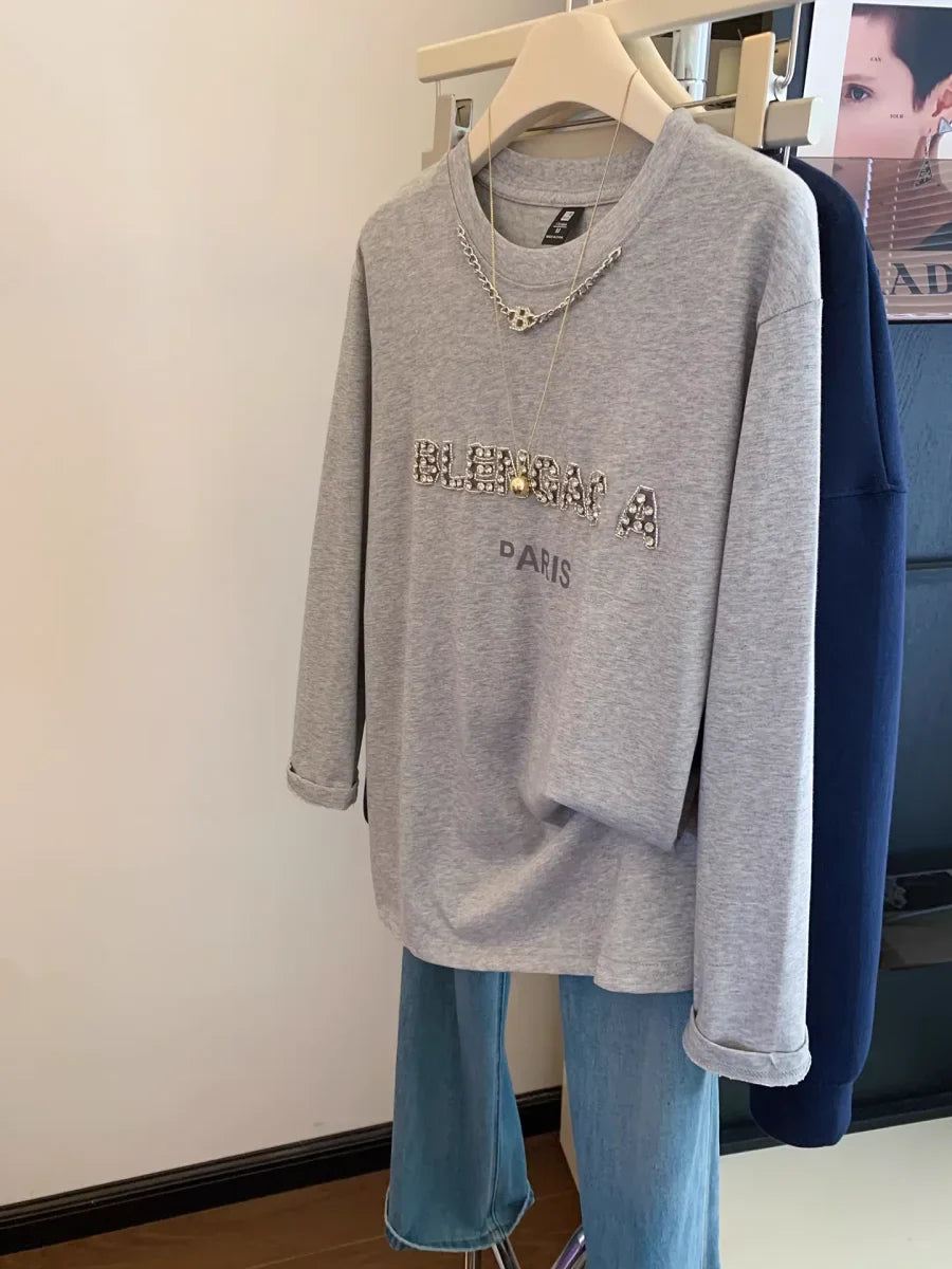 VINESU A33 - Rhinestone Embellished Paris Graphic Oversized Grey T-Shirt with Chain Necklace
