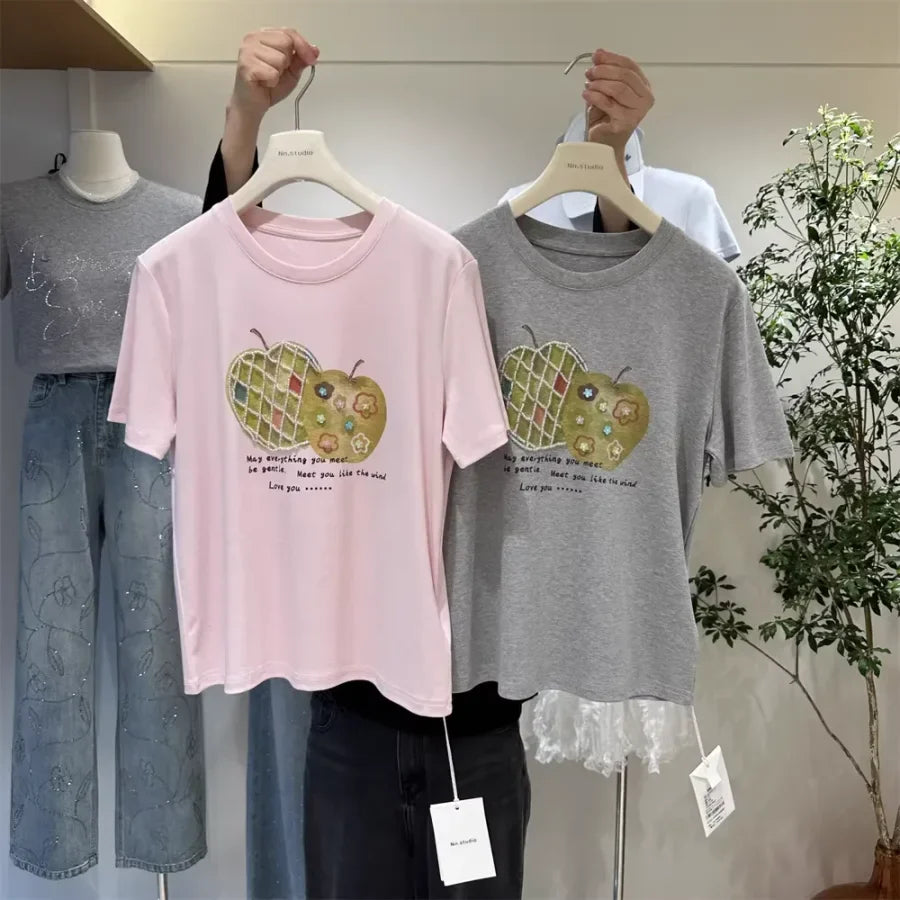 A123 - Premium Green Apple Graphic Tee with Crystal Beading & Gentle