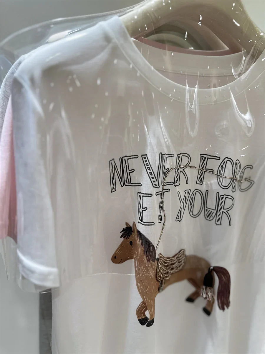 A192 - Artisan Embroidered Horse Graphic Tee - Heavyweight 220g Premium Cotton T-Shirt with Beaded Detail