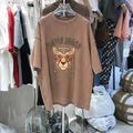 VINESU A28 - Rhinestone Leopard Head Chain Oversized Tee, Brave Spirit Graphic Print T-Shirt