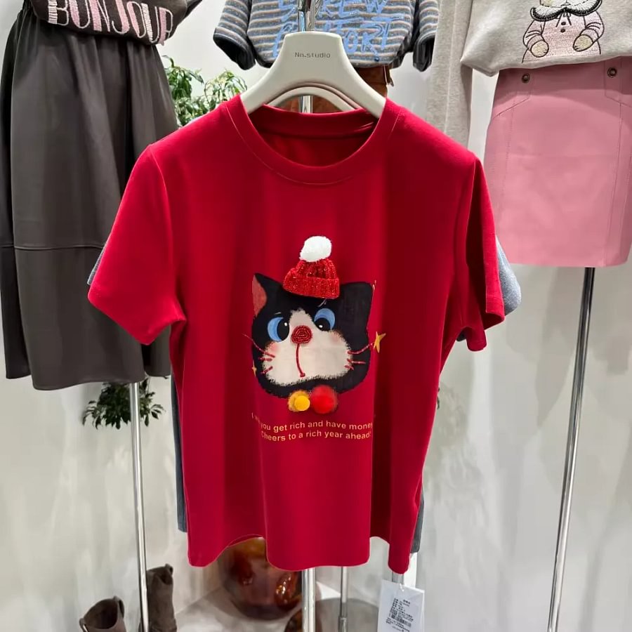 VINESU A48 Oversized 3D Christmas Cat Graphic Tee | Blessing Coquette Top